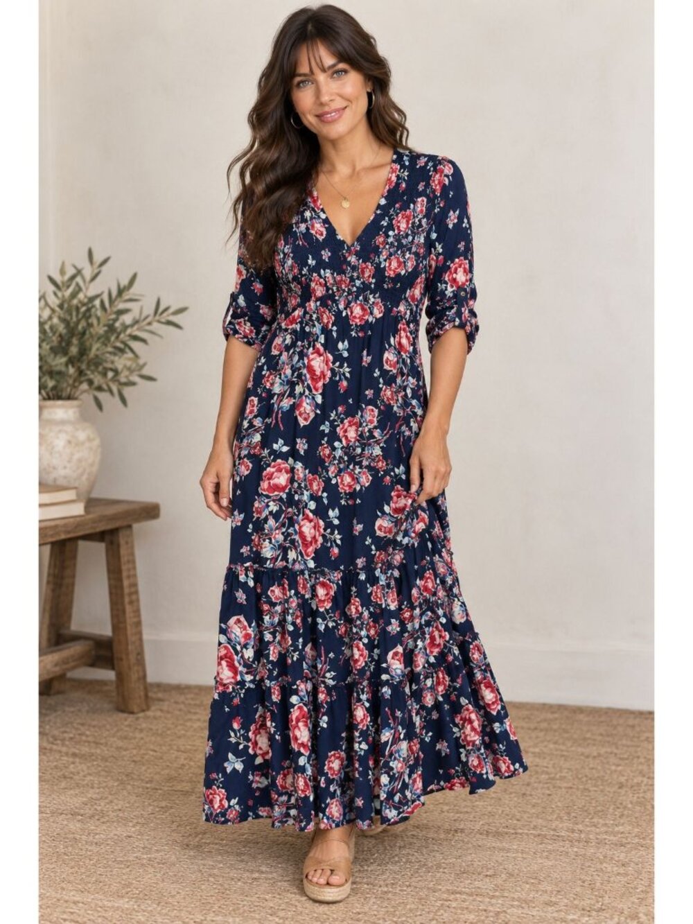 Sunday Mi Amor Women's Navy Floral 3/4 Roll Tab Tiered Maxi Dress Size S